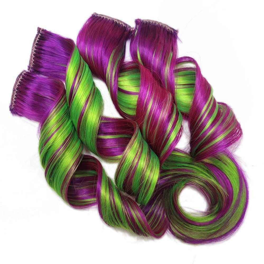 Colorful Violet Pink Green Double Drawn Clip in Remy Human Hair Extensions